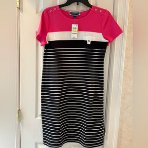 Karen Scott PM nautical looking dress. Black white strips and pink white on top.
